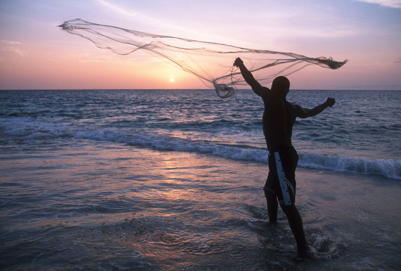 A fisherman casts his net on the coast at sunset Gabon     ©Martin Harvey / WWF-Canon