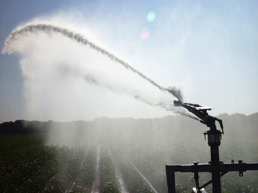Irrigation equipment pumps water over a corn field. © istockphoto.com / WWF-Canada